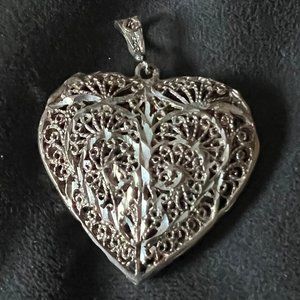 Sterling Silver Puffed Hollowed Filligree Heart Pendant Excel Cond